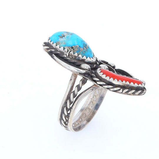 Freeform Turquoise and Coral Silver Rope Ring