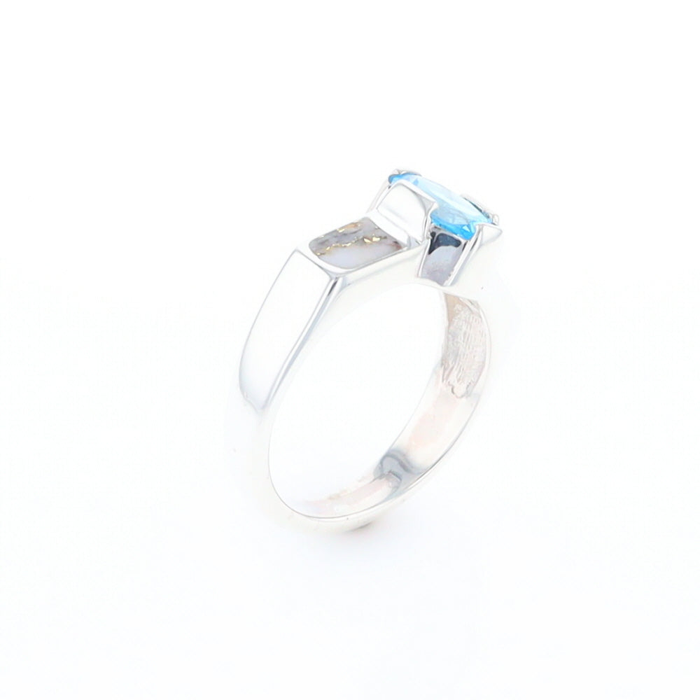 Sterling Silver Gold Quartz Inlaid Oval Blue Topaz Ring - G3