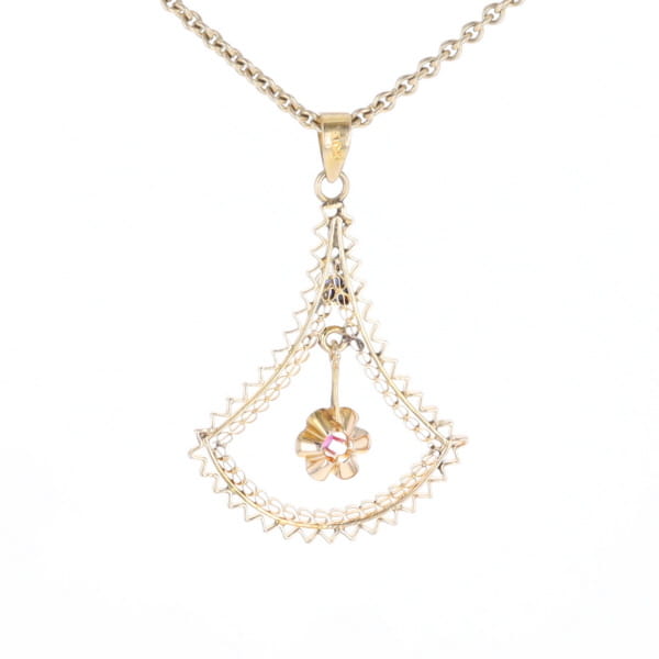 Vintage Buttercup Dangle Ruby Scrollwork Pendant