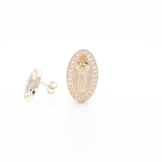Gold Quartz Earrings Oval Inlaid Design .73ctw Round Diamonds Halo G2