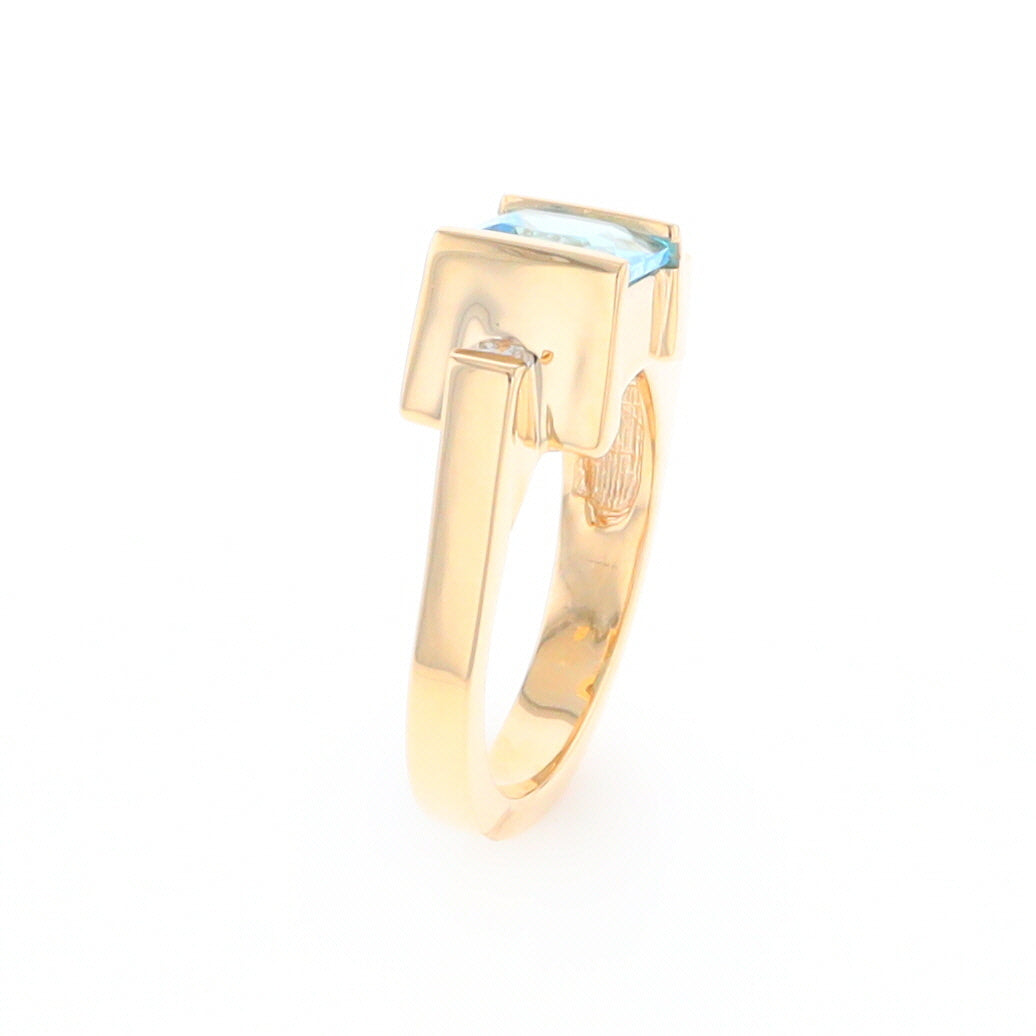 Gold Quartz Ring Rectangle Inlay Swiss Blue Topaz .06ct Round Diamond