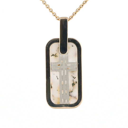 Gold Quartz Necklace Dog Tag Double Sided Inlaid Cross Pendant