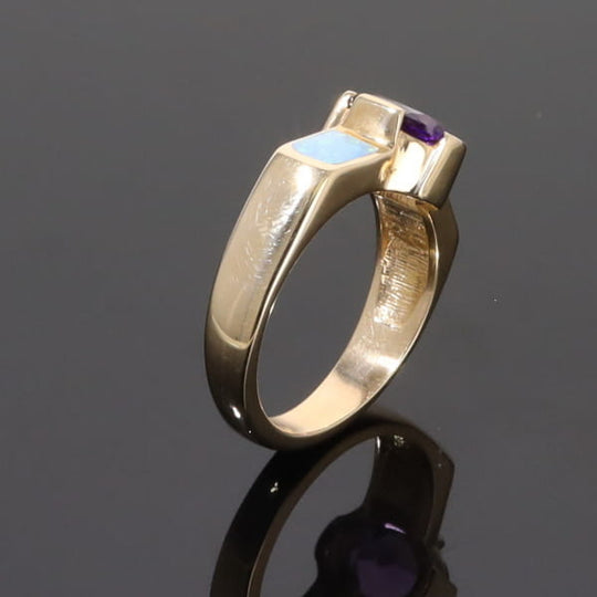 Opal Rings 2 Section Inlaid Design with Oval Amethyst Center