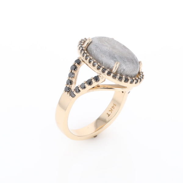 Meteorite Ring Oval Cabochon 0.65ctw Round Black Diamonds Halo