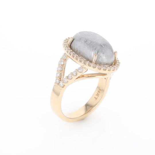 Meteorite Ring Oval Cabochon 0.65ctw Round Diamonds Halo