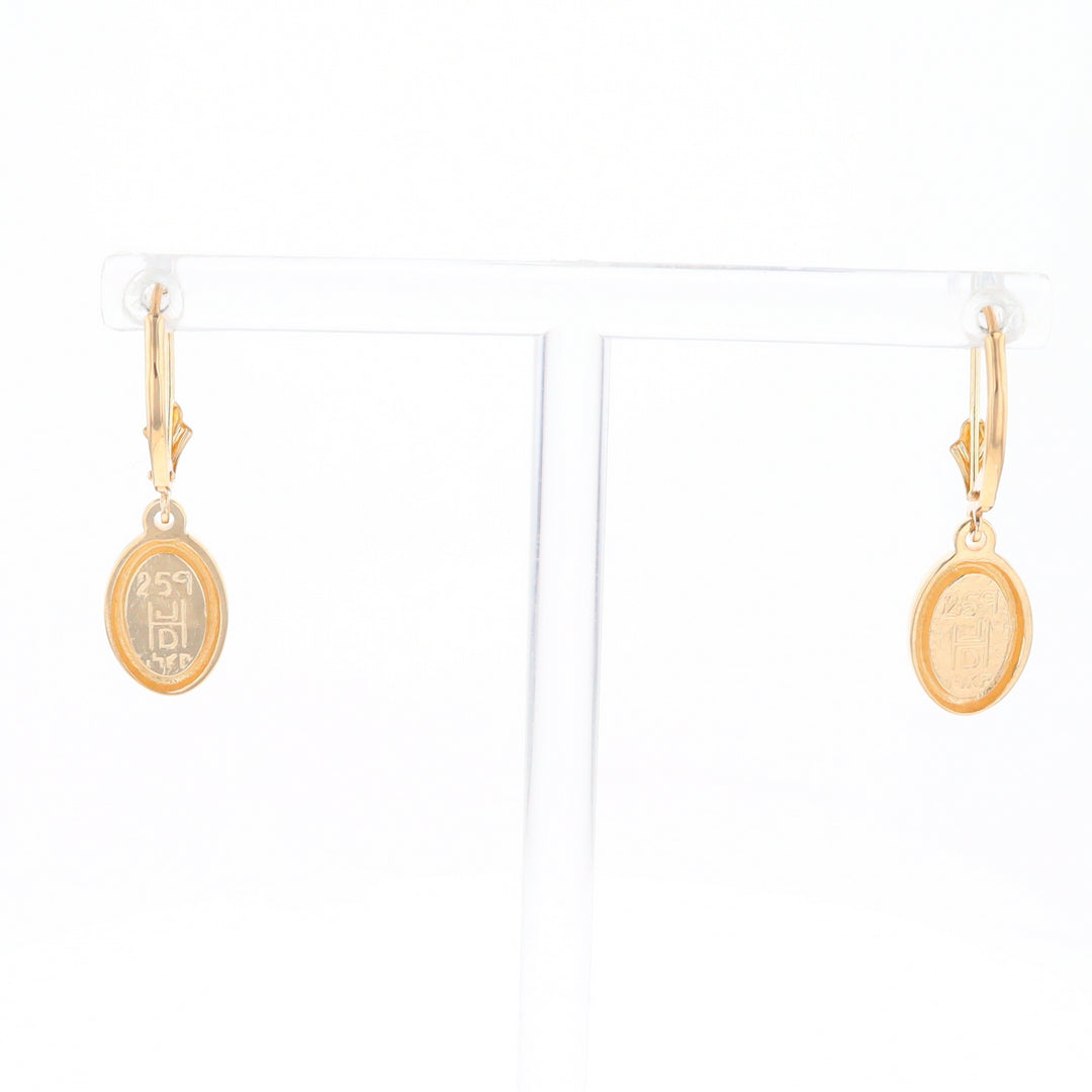 Gold Quartz Earrings Oval Inlaid Design Lever Backs - G2