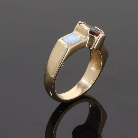Opal Rings 2 Section Inlaid Design with Oval Pink Tourmaline