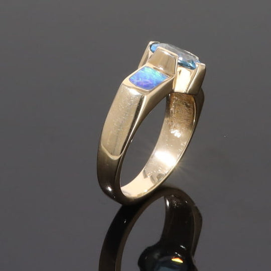 Opal Rings 2 Section Inlaid Design with Oval Swiss Blue Topaz Center