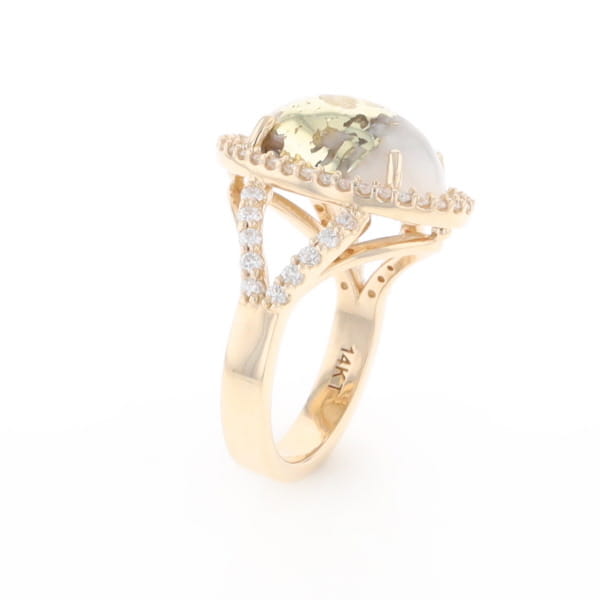 Gold Quartz Ring Oval Cabochon 0.65ctw Round Diamonds Halo