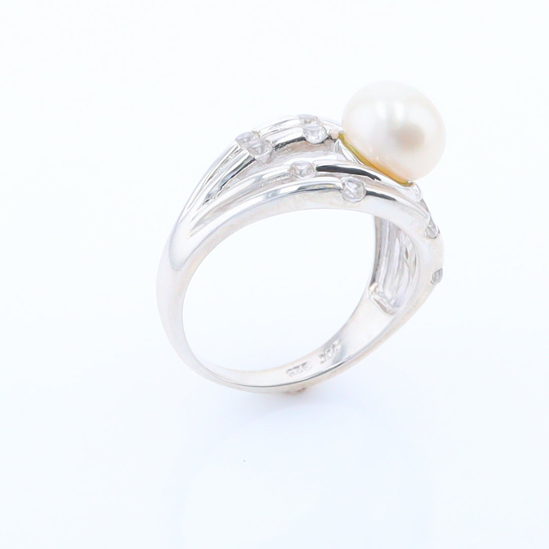 Pearl Bamboo Ring with Cubic Zirconia Accents