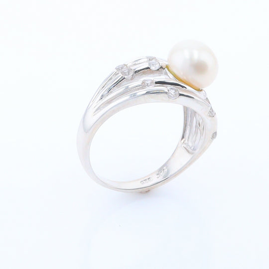 Pearl Bamboo Ring with Cubic Zirconia Accents