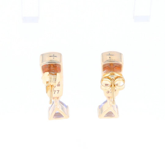 Gold Quartz Earrings Rectangle Inlaid Design with 0.11ct Diamonds & Trillion Cut Tanzanite