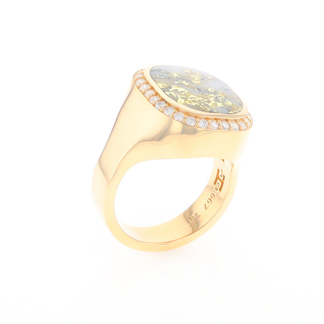 Gold Quartz Cushion Inlaid Men's Ring with Diamond Halo