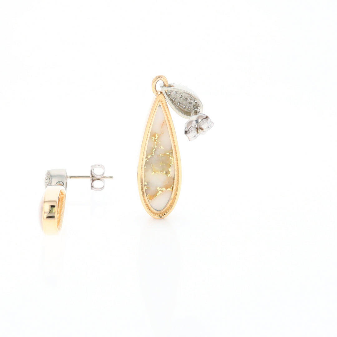 Gold Quartz Earrings, Tear Drop Inlaid with .22ctw Diamond Pave Design