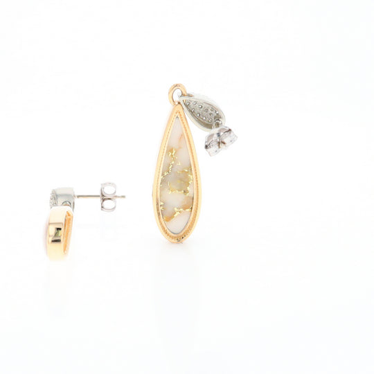 Gold Quartz Earrings, Tear Drop Inlaid with .22ctw Diamond Pave Design