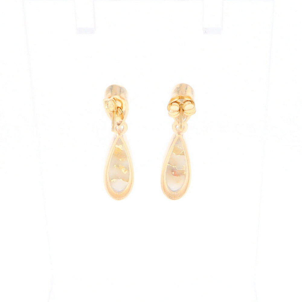 Gold Quartz Earrings Tear Drop Inlaid Design