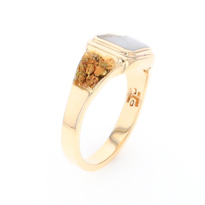 Gold Quartz Ring Square Inlaid Design Double Natural Nugget Sides