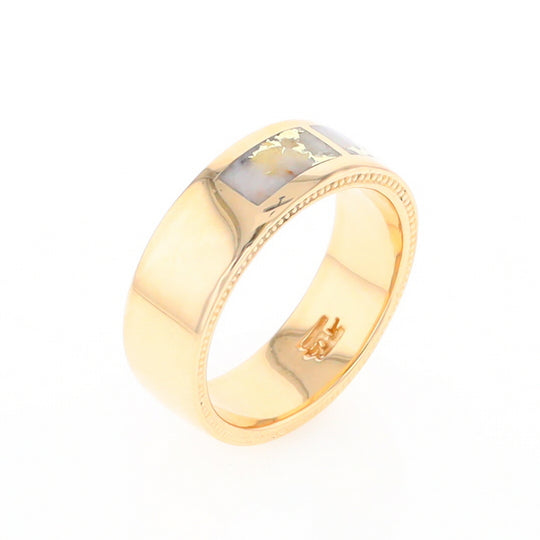 Gold Quartz Ring 3 Section Rectangle Inlaid Band with Milgrain Design