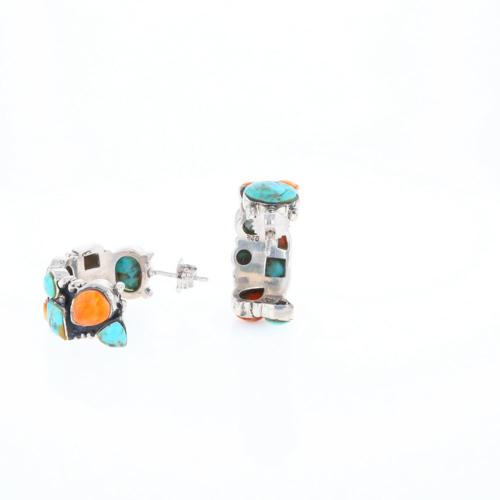 Turquoise & Spiny Oyster Semi-Hoop Stud Earrings