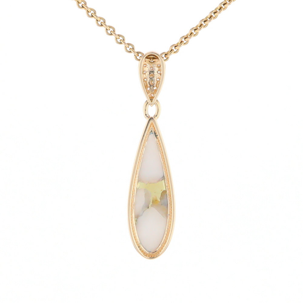 Gold Quartz Necklace, Tear Drop Inlaid Design with 0.11ctw Diamond Pave Pendant G2