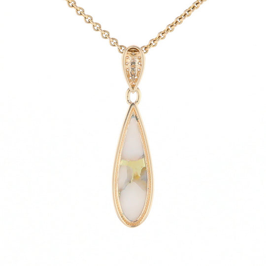 Gold Quartz Necklace, Tear Drop Inlaid Design with 0.11ctw Diamond Pave Pendant G2