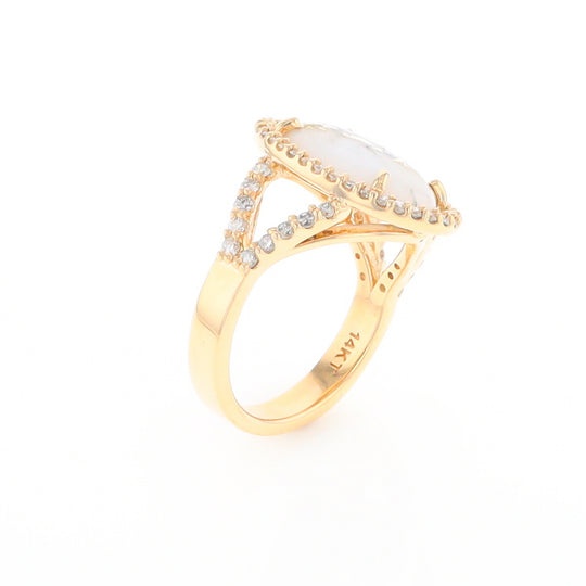 Gold Quartz Ring Oval Cabochon 0.65ctw Round Diamonds Halo (G2)