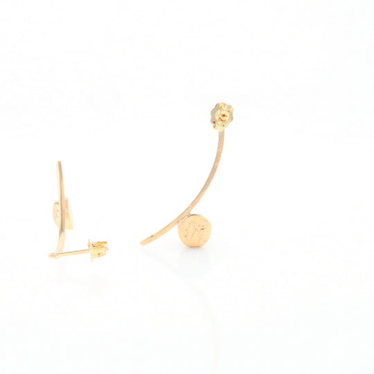 Gold Quartz Earrings Round Inlaid Curved Bar Design