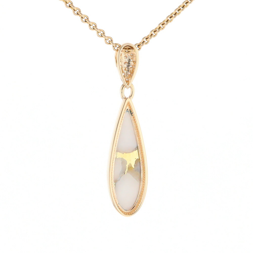 Gold Quartz Necklace, Tear Drop Inlaid Design with 0.11ctw Diamond Pave Pendant G2