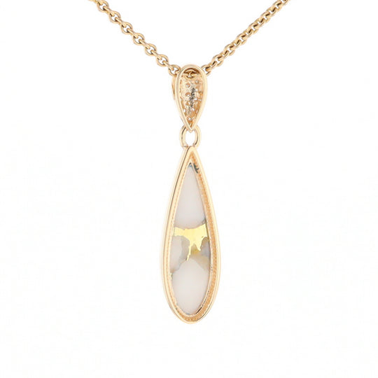 Gold Quartz Necklace, Tear Drop Inlaid Design with 0.11ctw Diamond Pave Pendant G2