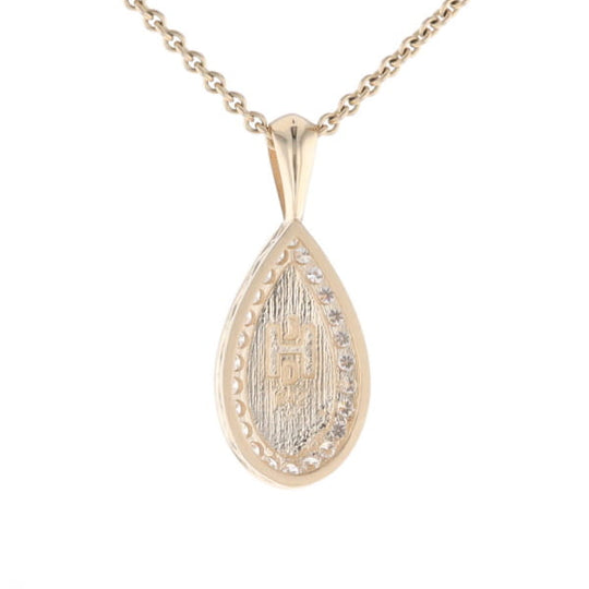 Gold Quartz Pendant Tear Drop Inlaid .42ctw Diamond Halo Design