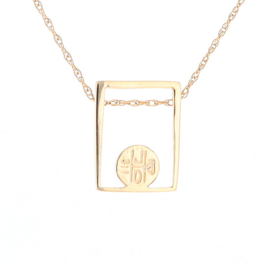 Gold Quartz Necklace Round Inlay Open Rectangle Design Pendant