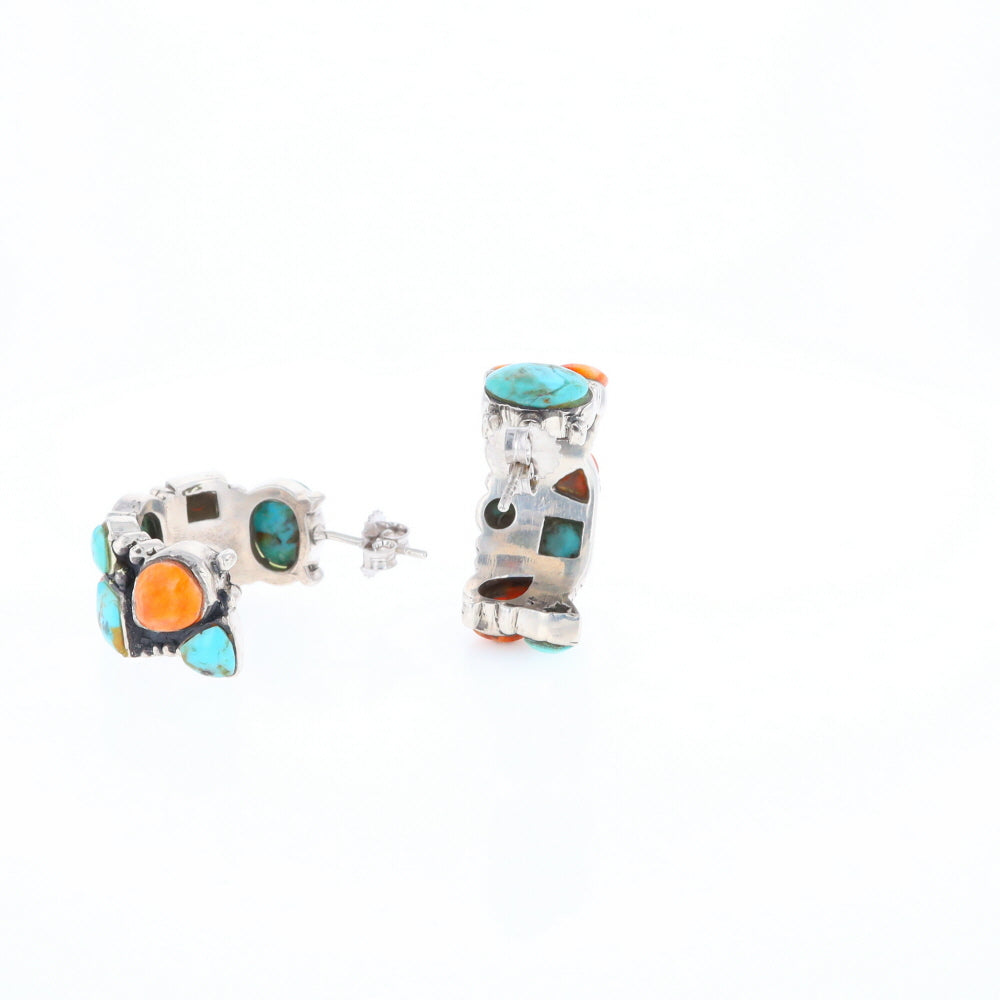 Turquoise & Spiny Oyster Semi-Hoop Stud Earrings