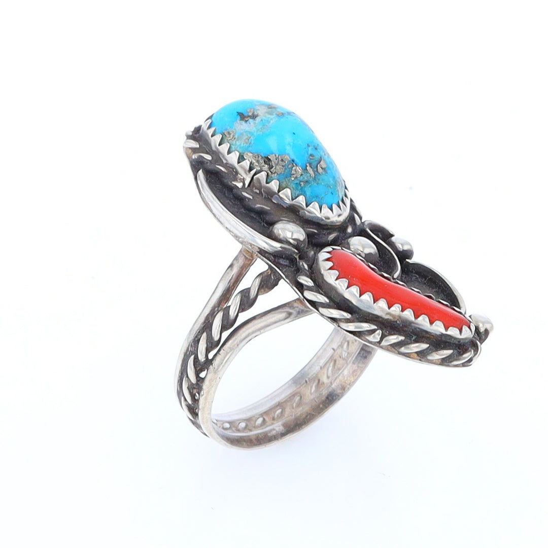 Freeform Turquoise and Coral Silver Rope Ring