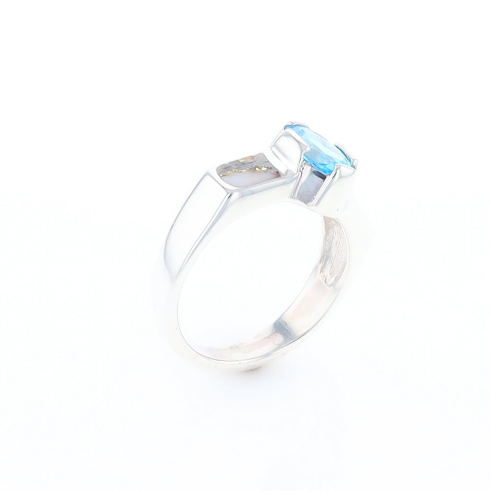 Sterling Silver Gold Quartz Inlaid Oval Blue Topaz Ring - G3