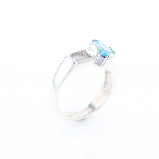 Sterling Silver Gold Quartz Inlaid Oval Blue Topaz Ring - G3