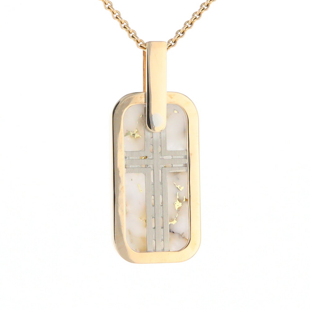 Gold Quartz Necklace Dog Tag Double Sided Inlaid Cross Pendant