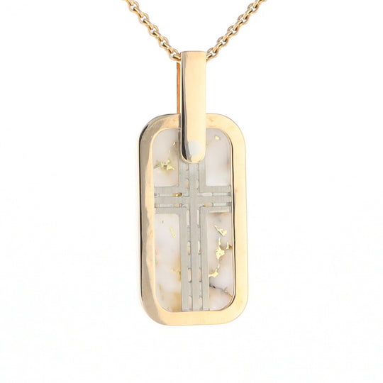 Gold Quartz Necklace Dog Tag Double Sided Inlaid Cross Pendant