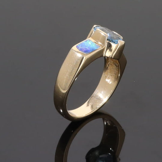 Opal Rings 2 Section Inlaid Design with Oval Swiss Blue Topaz Center