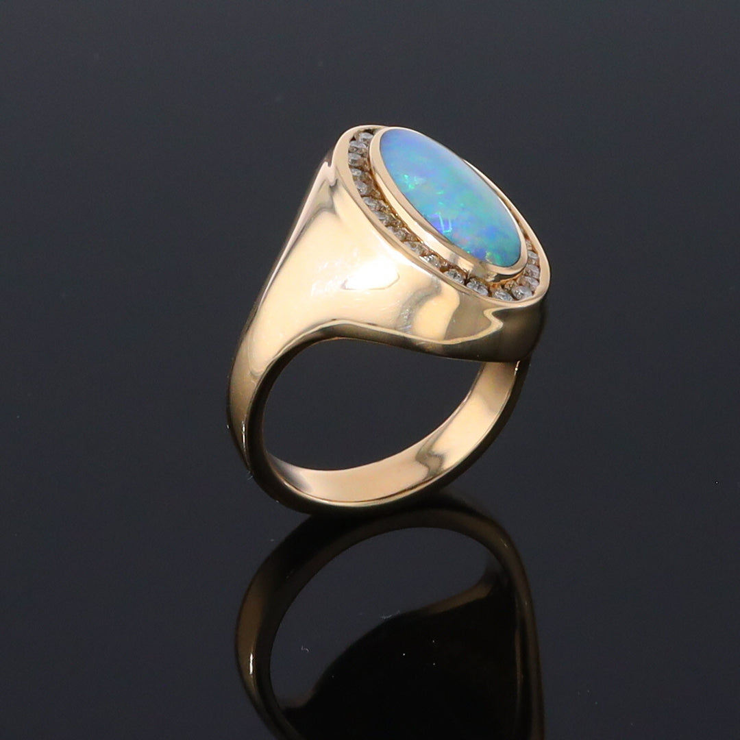 Opal Rings Oval Inlaid Design with .36ctw Round Diamonds Halo