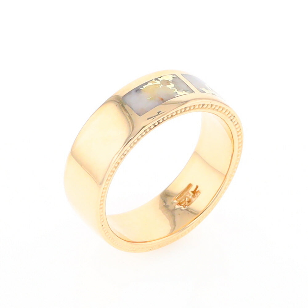 Gold Quartz Ring 3 Section Rectangle Inlaid Band with Milgrain Design