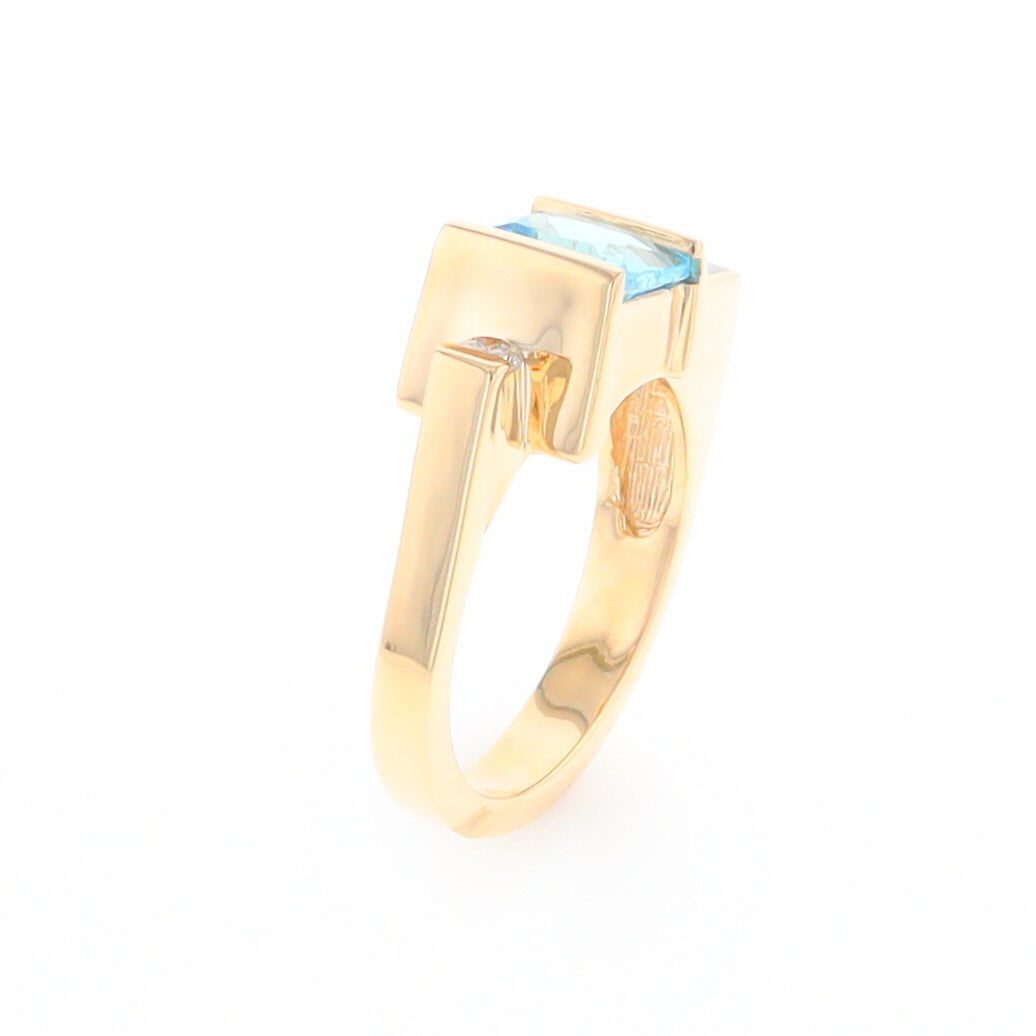 Gold Quartz Ring Rectangle Inlay Swiss Blue Topaz .06ct Round Diamond