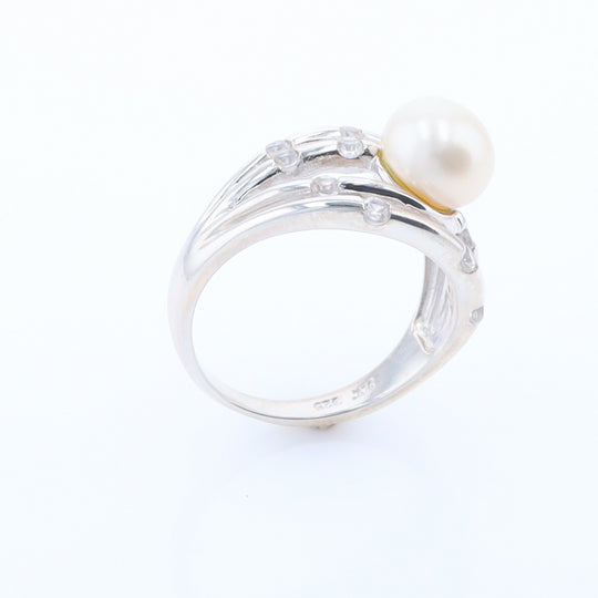 Pearl Bamboo Ring with Cubic Zirconia Accents