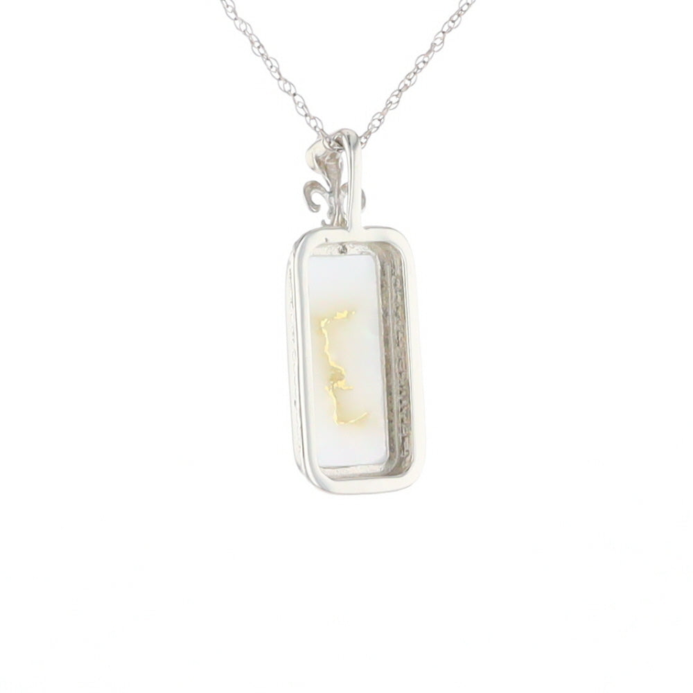 Gold Quartz Necklace, Rectangle Inlaid Fleur De Lis Design with .02ctw Diamond Pendant