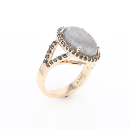 Meteorite Ring Oval Cabochon 0.65ctw Round Black Diamonds Halo