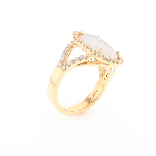 Gold Quartz Ring Oval Cabochon 0.65ctw Round Diamonds Halo (G2)