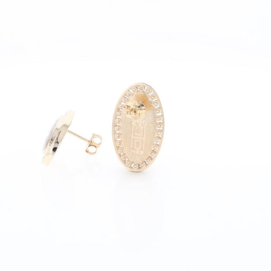 Gold Quartz Earrings Oval Inlaid Design .73ctw Round Diamonds Halo G2