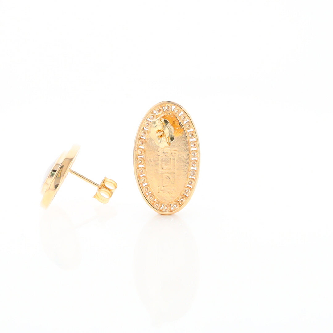 Gold Quartz Earrings Oval Inlaid Design .73ctw Round Diamonds Halo