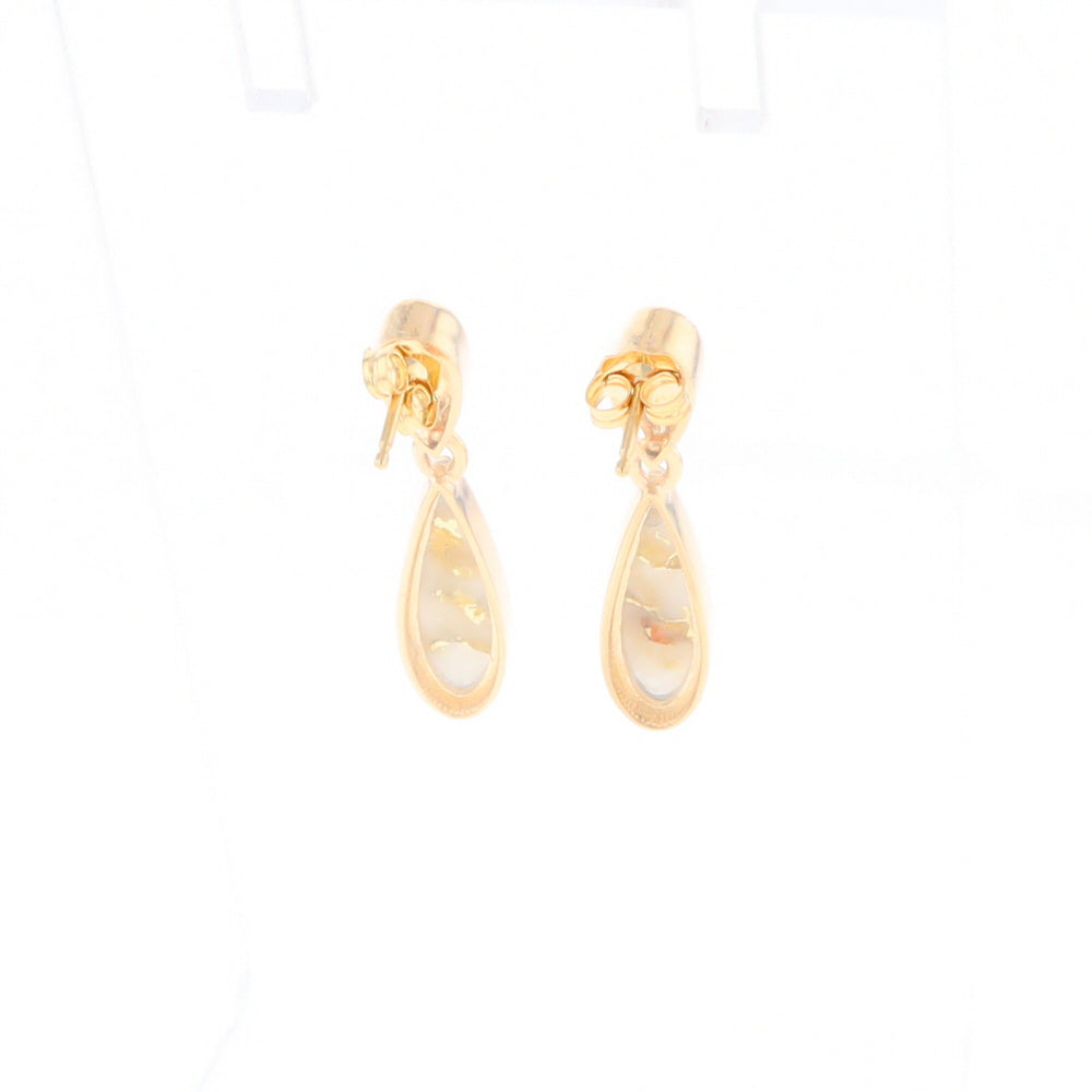 Gold Quartz Earrings Tear Drop Inlaid Design