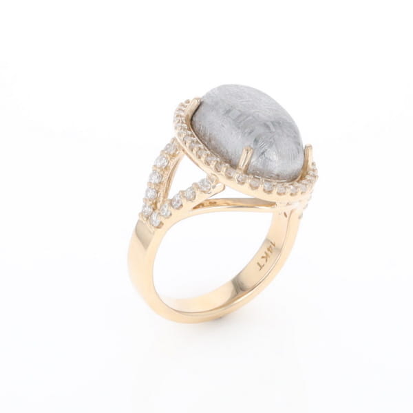 Meteorite Ring Oval Cabochon 0.65ctw Round Diamonds Halo
