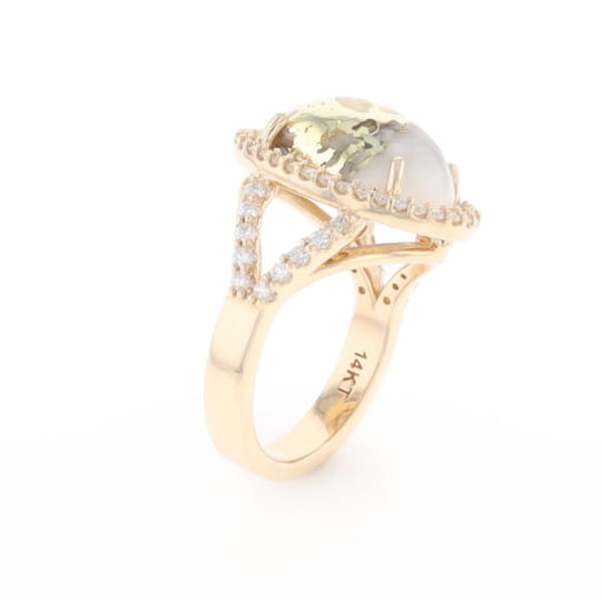 Gold Quartz Ring Oval Cabochon 0.65ctw Round Diamonds Halo